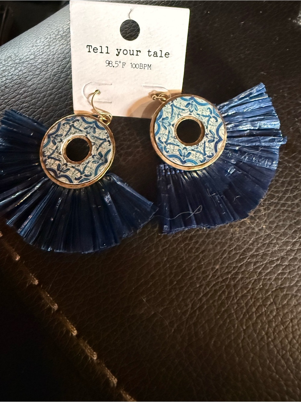 Tell Your Tale Navy Fan Tassel Drop Earrings - Picture 2 of 3
